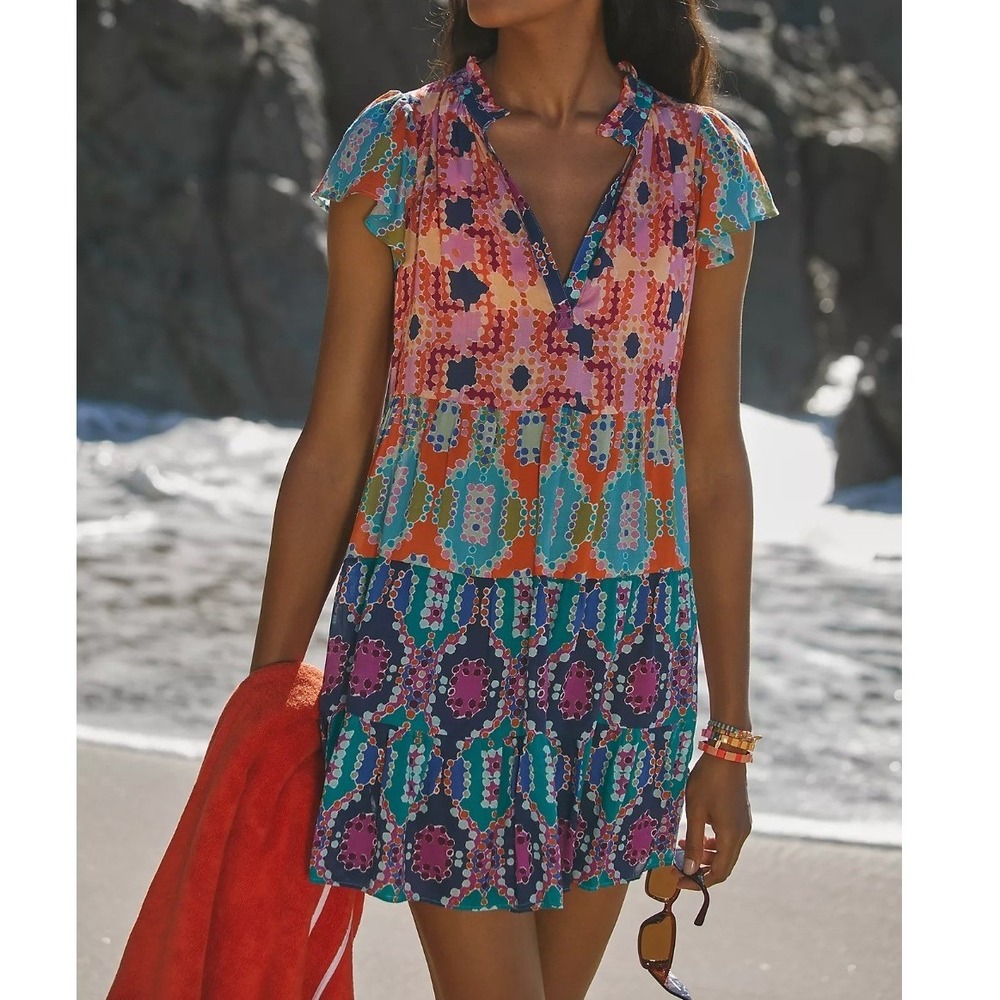 Anthropologie Dominic Beattie Mini Dress Size XSP Multicolor Boho Artsy Festival